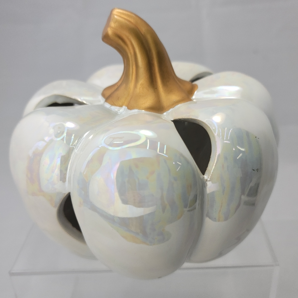 White Iridiscent Ceramic Pumpkin Luminary
